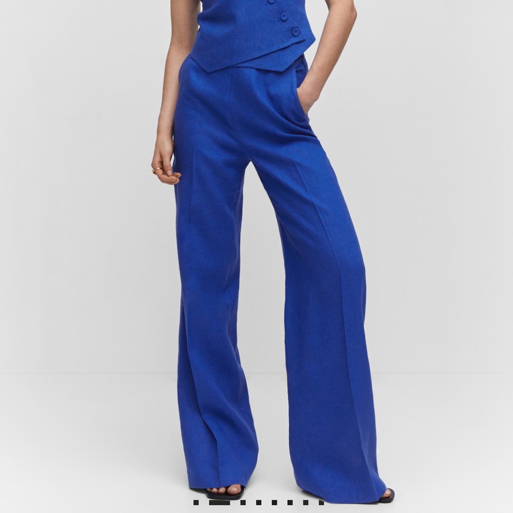 MANGO Linen Wideleg Pant in Blue